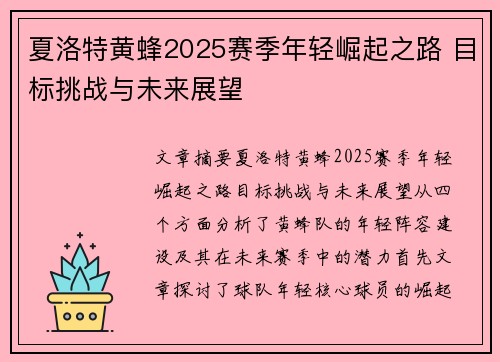 夏洛特黄蜂2025赛季年轻崛起之路 目标挑战与未来展望